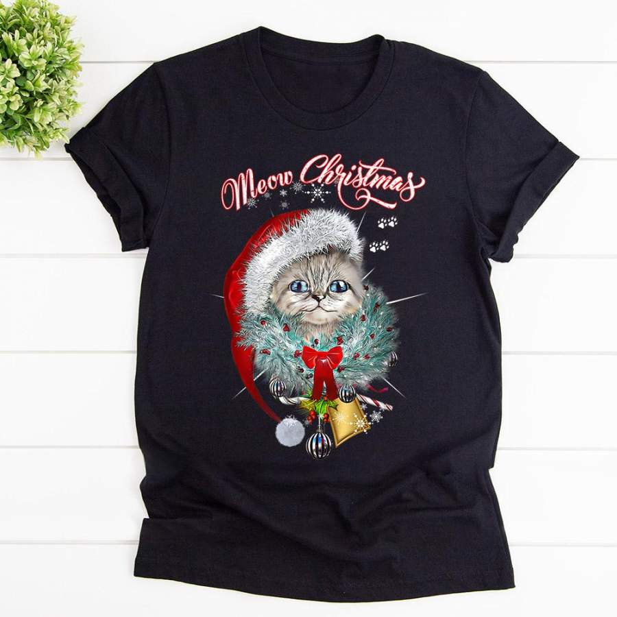 Christmas meow christmas santa cat ornamet candy cane black cotton t shirt for men and women S-6XL