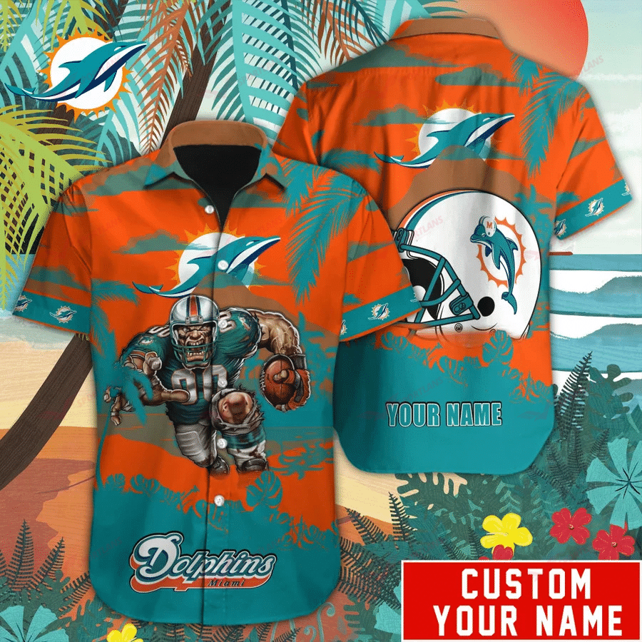 Miami Dolphins Mascot Button Up Hawaiian Shirt Custom Name