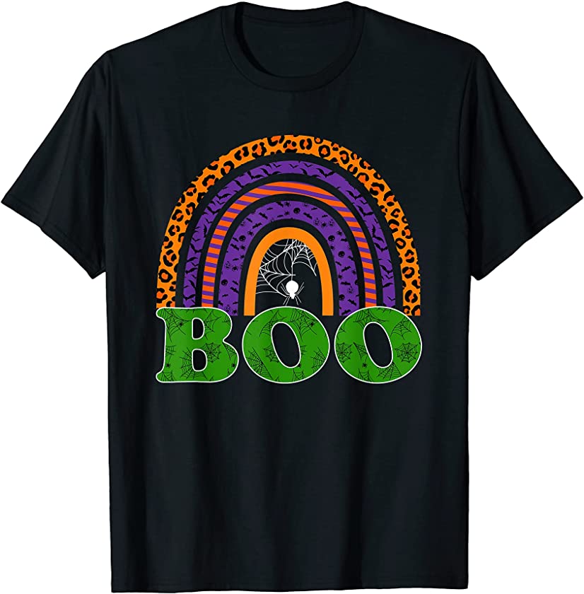 Cute Leopard Rainbow Spiders Pumkin Bats Funny Boo Halloween T-Shirt