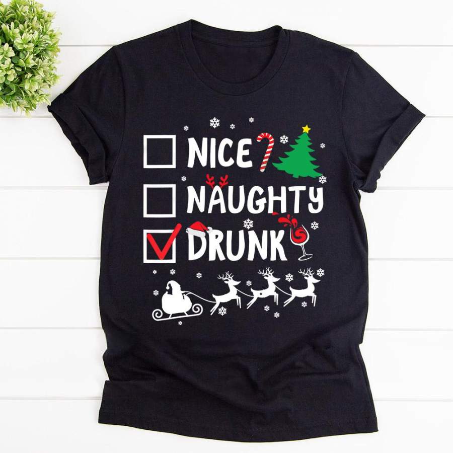 Christmas nice naughty drunk wine xmas tree candy cane snowflakes black cotton t shirt for men and women S-6XL