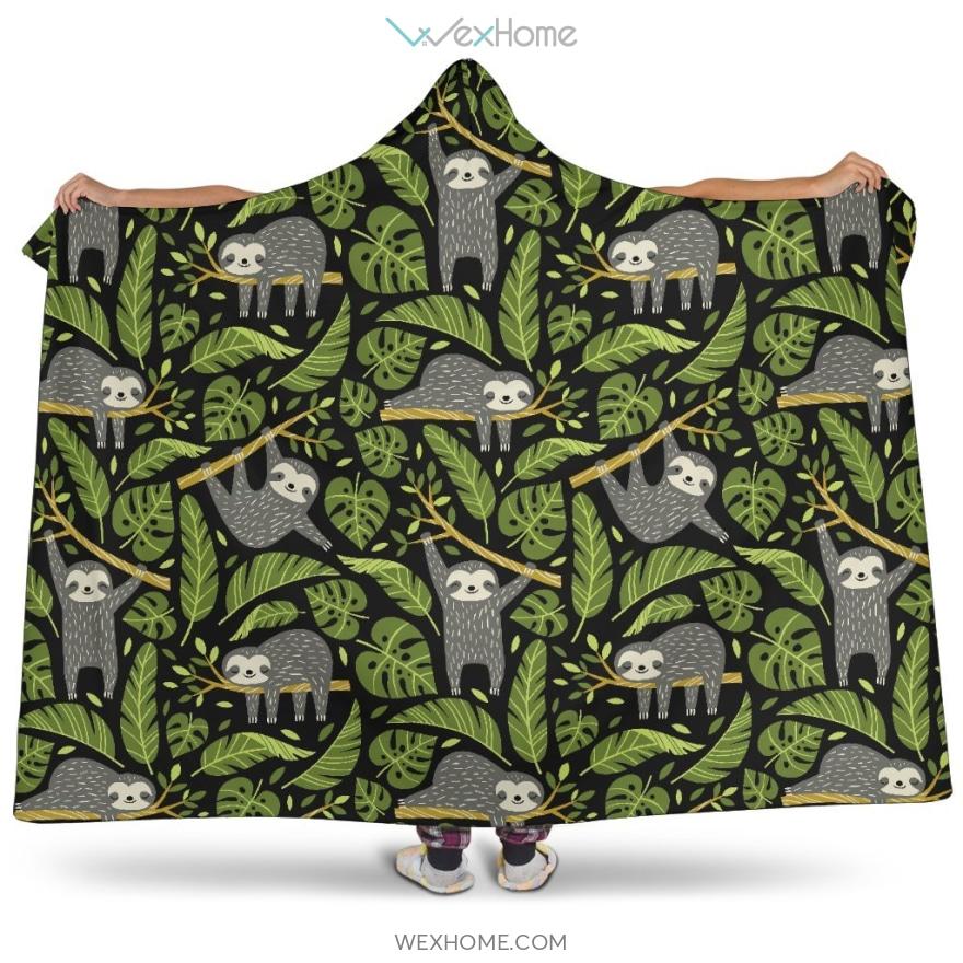 Cute Sloths Tropical Palm Leaves Black Background Hooded Blanket