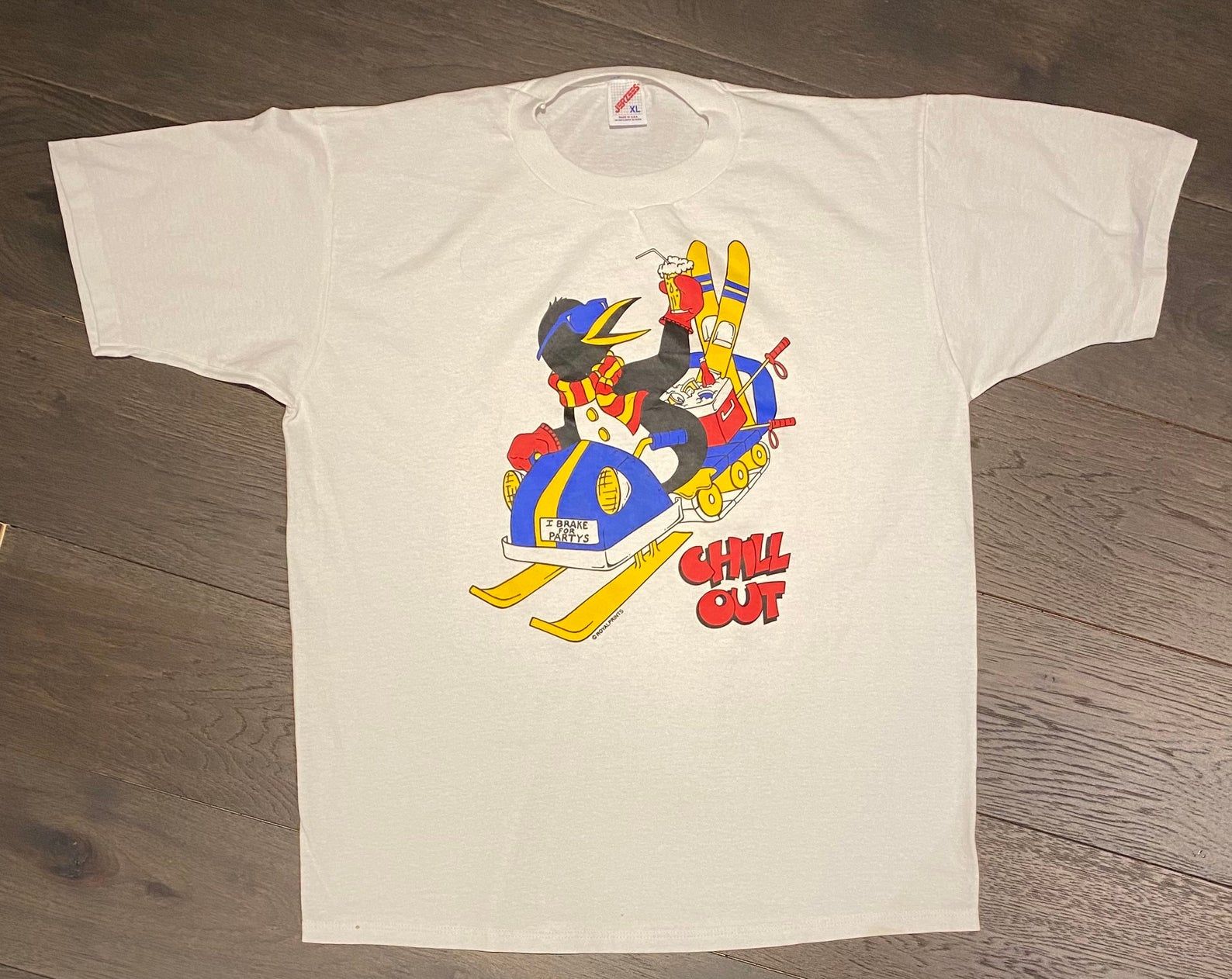 Chill Out I Brake For Partys Graphic Tee | | Vintage 1990s Penguin Cartoon T-shirt | Animal Graphic |  To Usa |