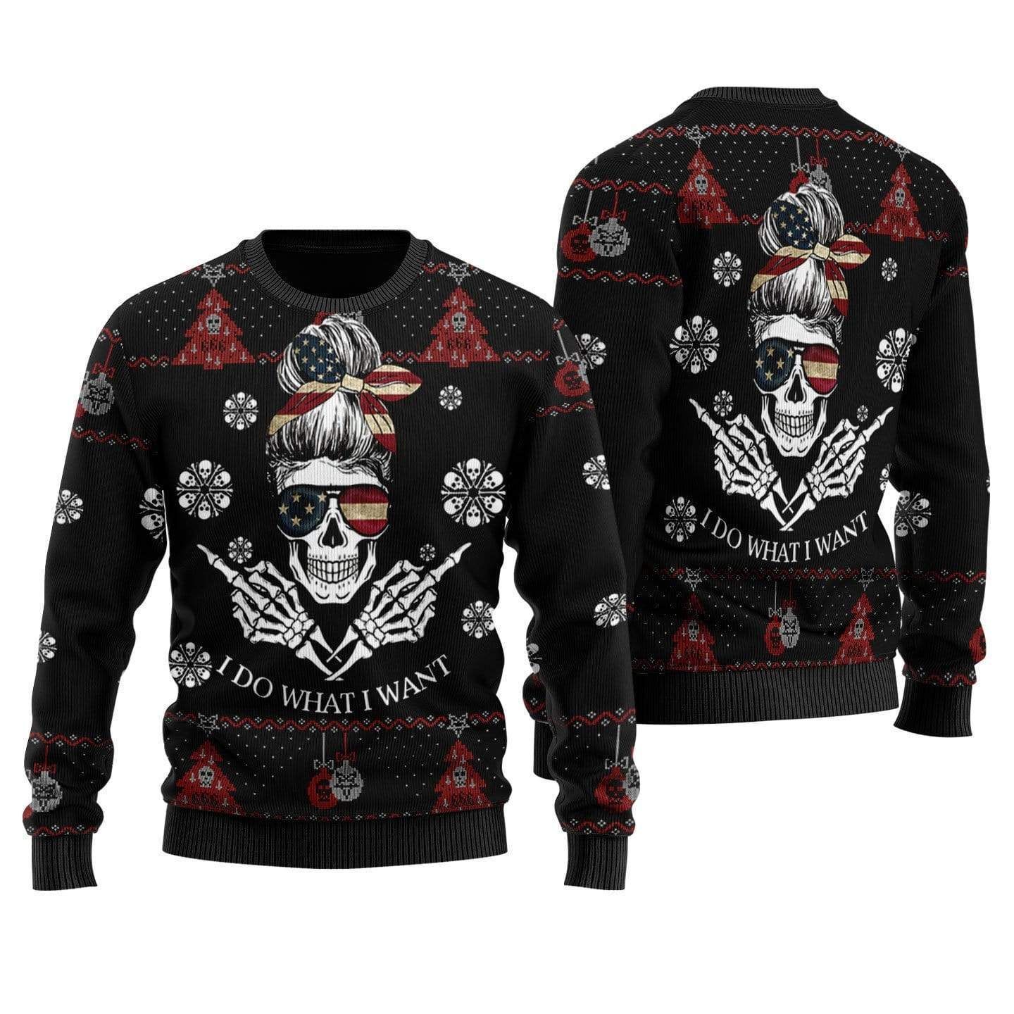 Unifinz Skull Ugly Christmas Sweater Skull I Do What I Want Black Sweater 2022