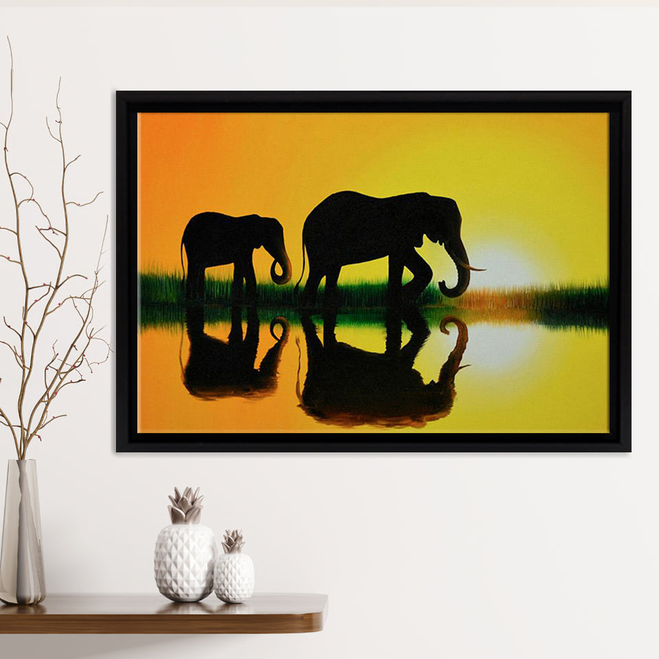 Sunset Elephant Family Silhouette Framed Canvas Print – Canvas Painting, Canvas Art, Wall Art, Wall Decor