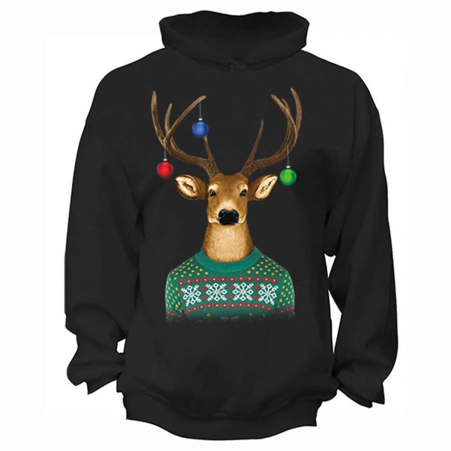 XtraFly Apparel Men’s Reindeer Wearing  Sweater Ornaments Ugly Christmas Hooded-Sweatshirt Pullover Hoodie