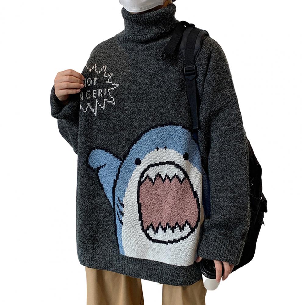 Trendy Autumn Sweater Knitted Thermal Pullover Cartoon Shark Print Autumn Sweater alx