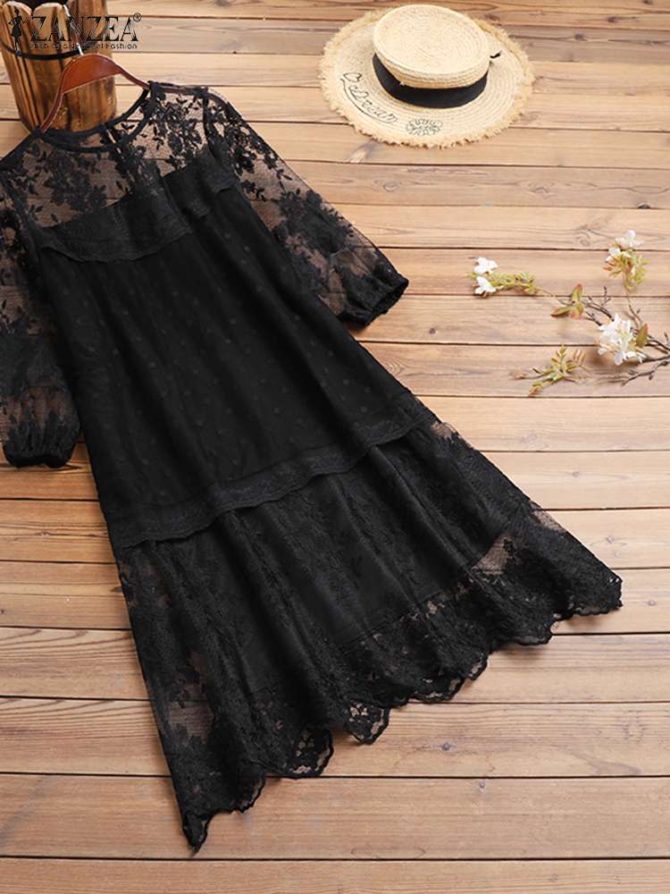 ZANZEA Femme Short Sleeve Casual Hollow Out Solid Knee-length Dress Robe 2022 Summer Women Lace Up Holiday Sundress Vestidos alx