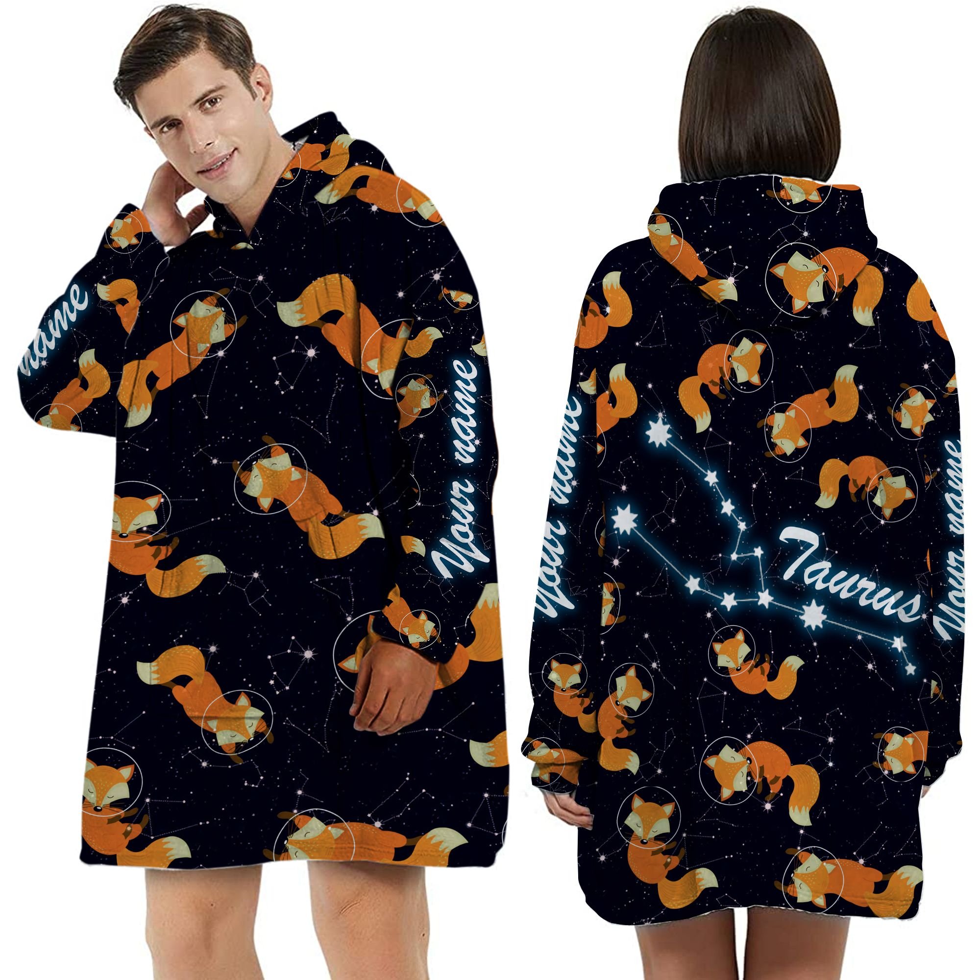 Zodiac Taurus Foxes Custom Name Huggle Hoodie For Animal And Astronomy Lovers