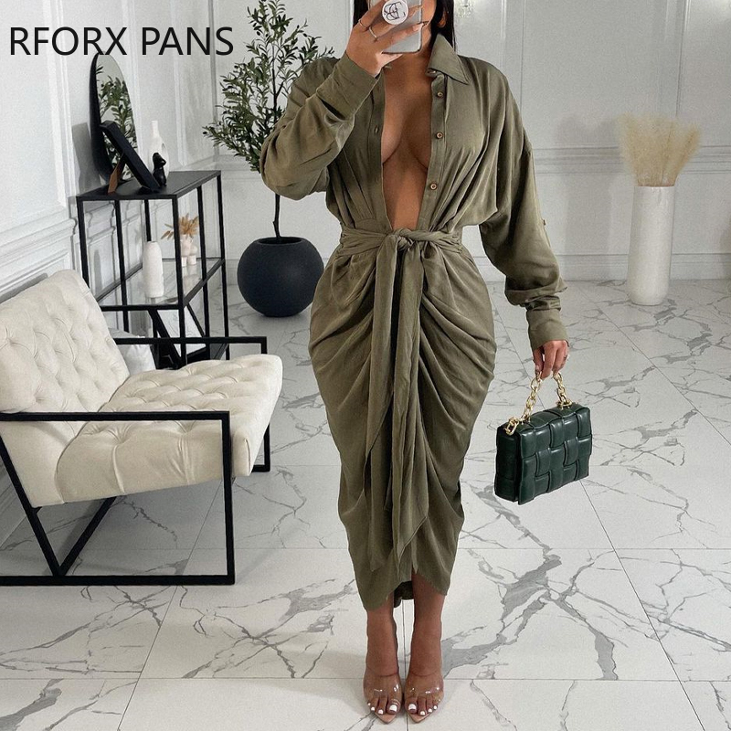 Women Solid Casual Chic Button Sashes Long Sleeves Shirring Maxi Sexy Dresses alx