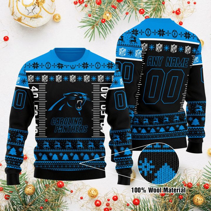 Carolina Panthers Custom Name Number Gift For Fan Ugly Wool Sweater Christmas V2