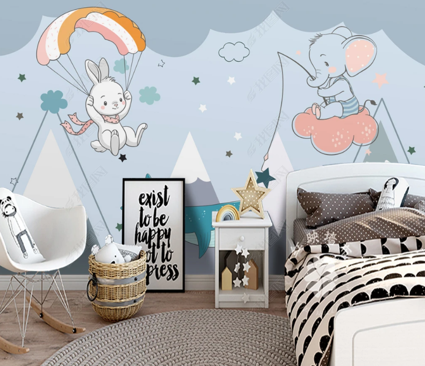 3D Cartoon Mountain Animal Bunny Elephant Wall Mural Wallpaper Lqh 37