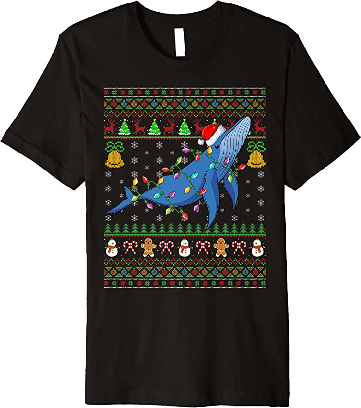 Blue Whale Lover Xmas Santa Hat Blue Whale Ugly Christmas Premium T-Shirt