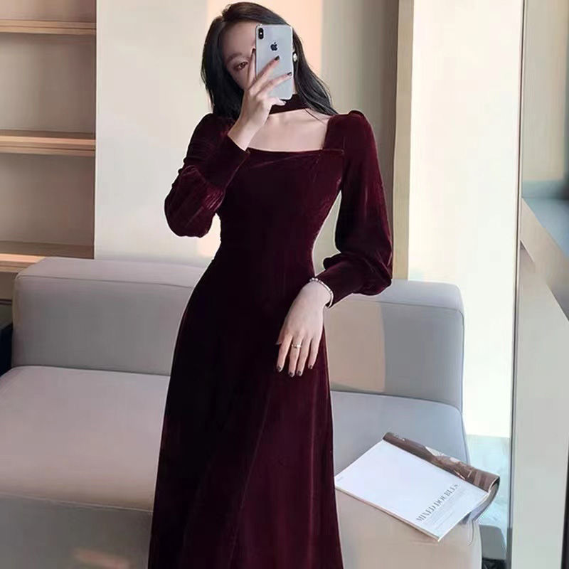 Women’s Velvet Dresses Autumn Wine Red Vintage A-LINE Dresses Square Neck High-end Dress Fashion Temperament Slim Dress Elegant alx