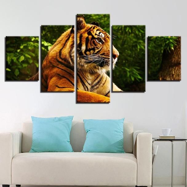 Resting Tiger In The Forest Animal 5 Panel Canvas Art Wall Decor