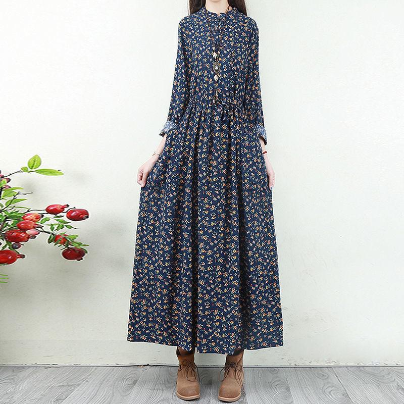 Women Cotton Linen Long Dress New 2020 Autumn Arts Style Vintage Floral Print A-line Mori Girls Casual Dresses P1443 alx