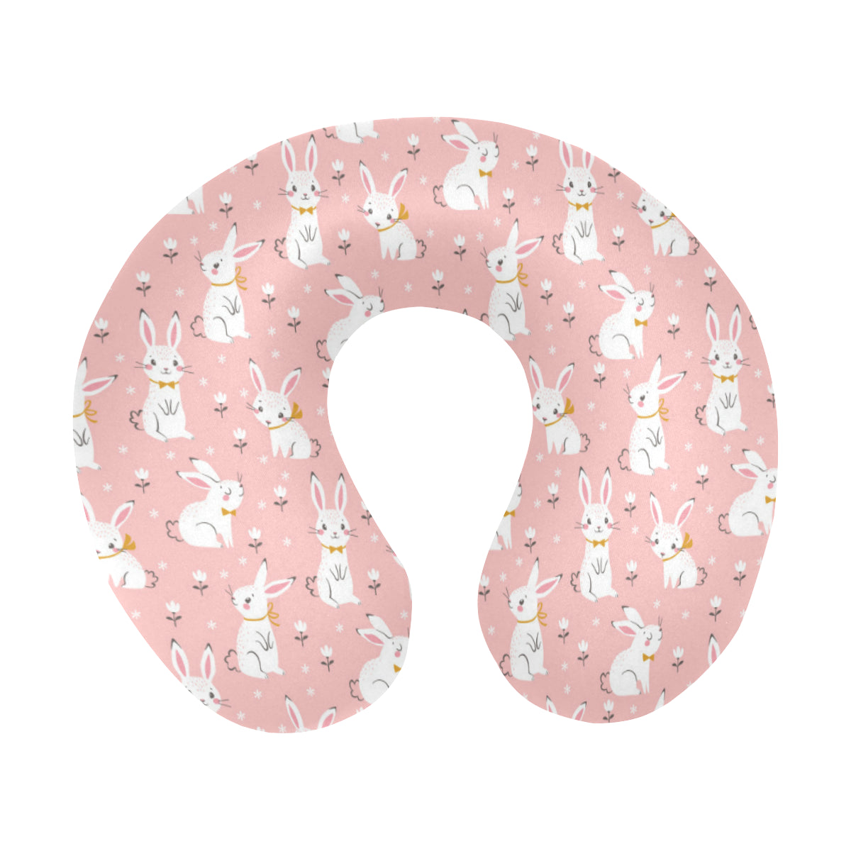 Cute White Rabbit Flower Pink Background U-Shaped Travel Neck Pillow