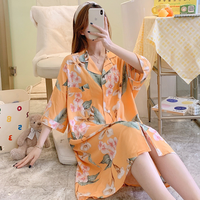 2022 New Summer Women Striped Nightgown Cotton Sleep Shirt Sleepwear Printed Night Dress Plus Size Nightwear Loose Lingerie Robe alx