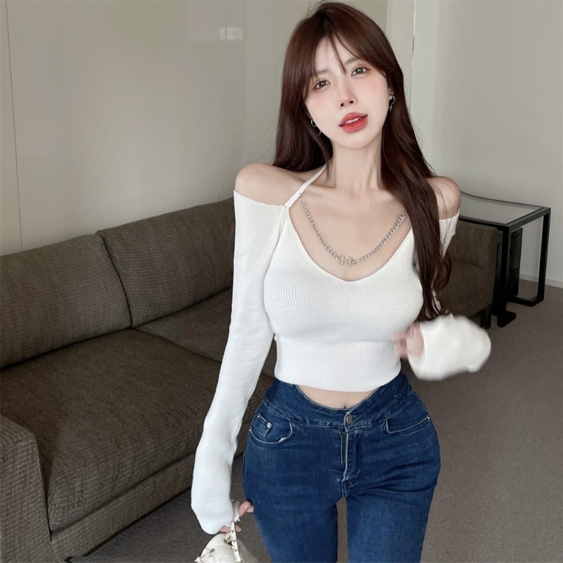 V-Neck Off Shoulder Cropped Sweater Women Long Sleeve Jumpers Autumn Korean Fashion Woman Clothes Sweaters Pullover Pull Femme alx