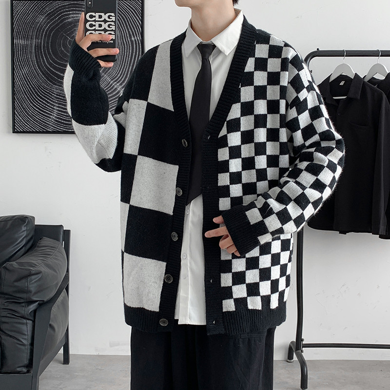 Casual Cardigan Men Loose Checkerboard Plaid Fashion New Arrival Males Knitted Sweater Outwear Single Breasted V-neck Streetwear alx