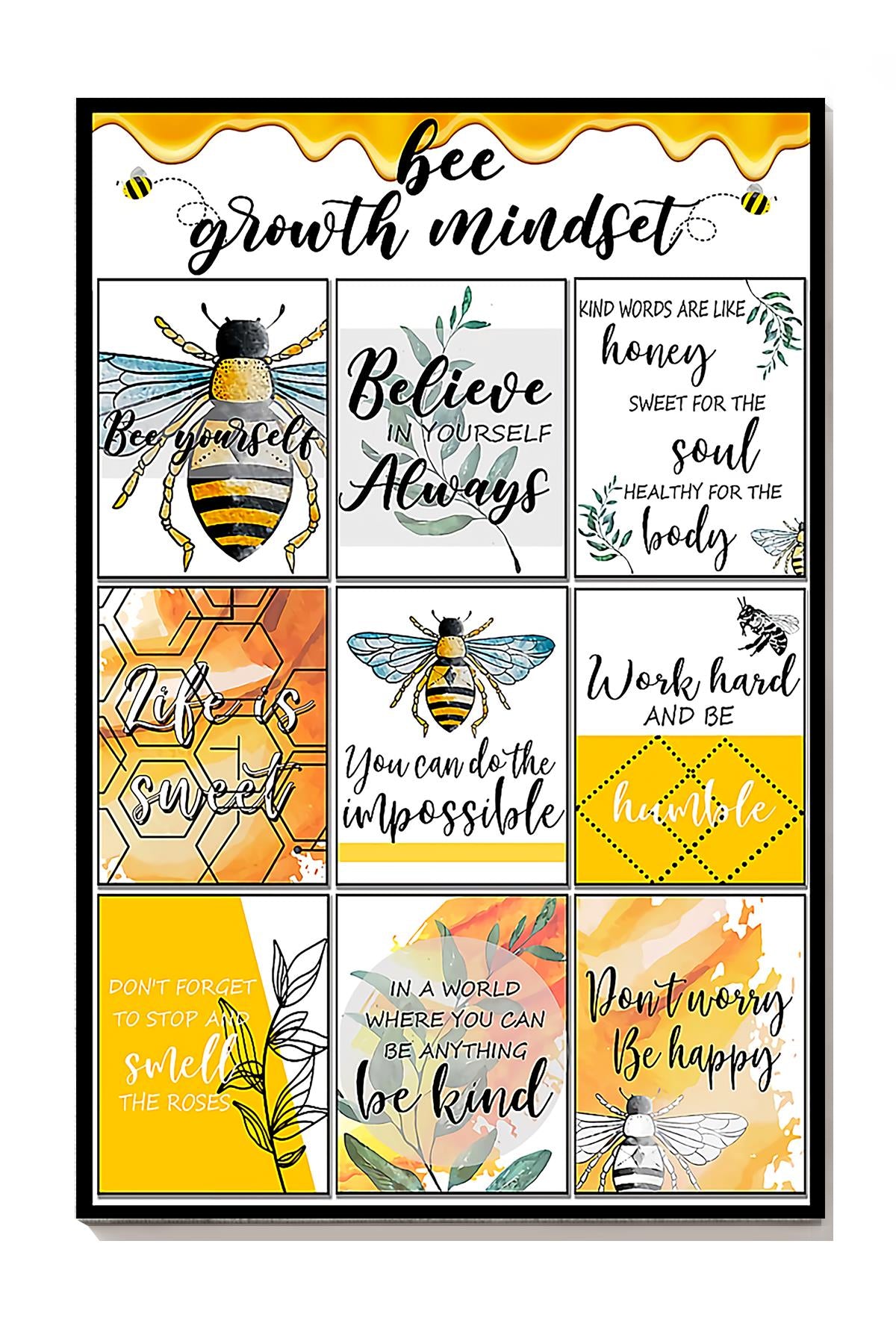 Bee Growth Mindset Quote Wall Art For Beekeeper Home Decor Wrapped Canvas