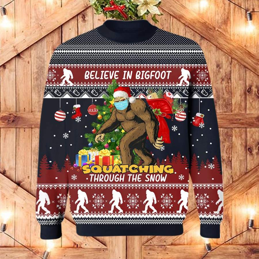 Believe In Big Foot Squatching Ugly Christmas Sweatshirt