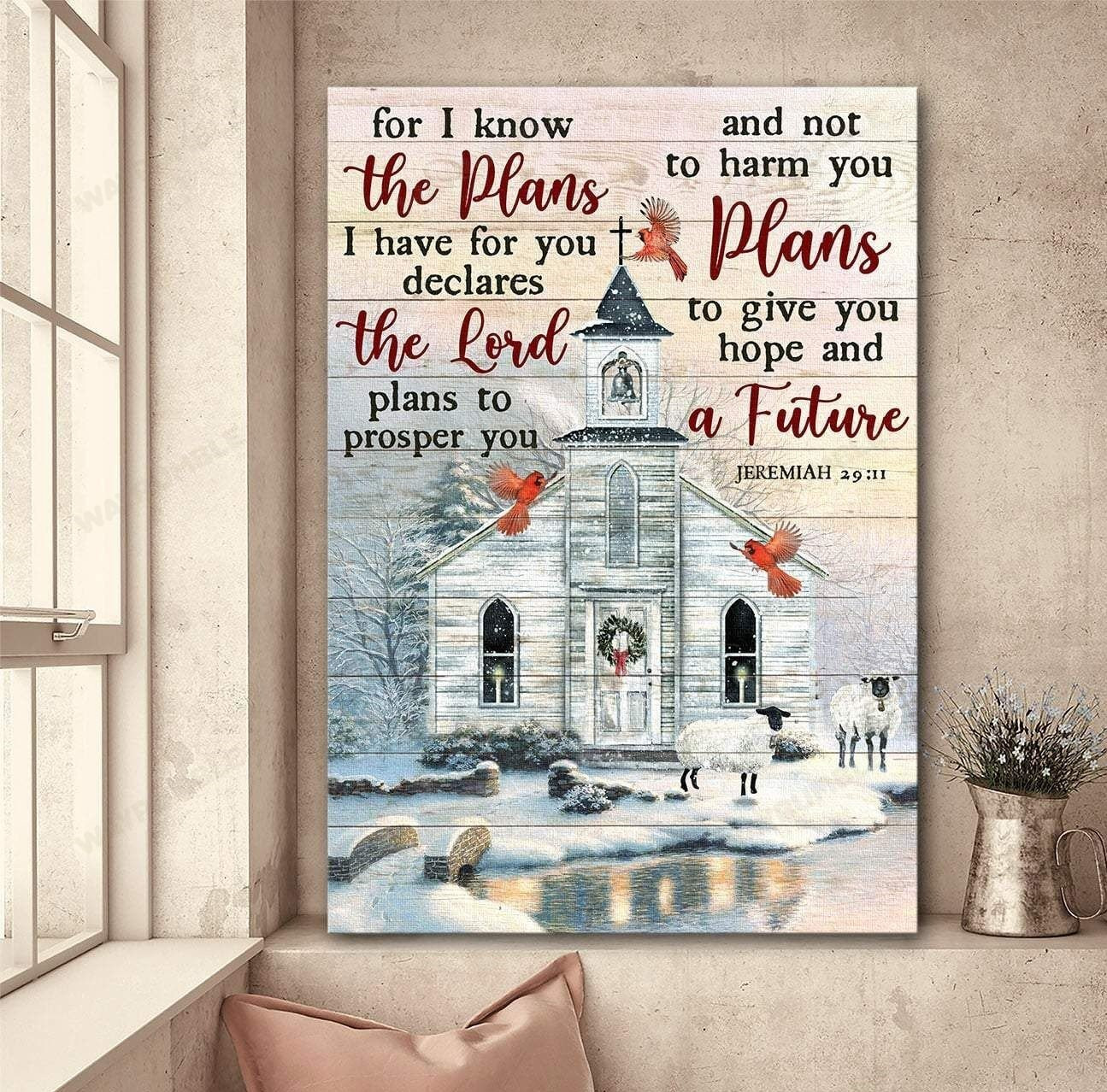 White Church Under Snow Poster – Jeremiah 29:11 Canvas Home Decoration Christmas Gifts For Men Women