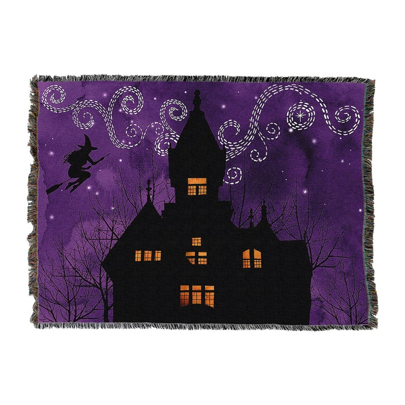 Witch Flying Over House Halloween Vintage Retro Style Couch Sofa Blanket,  Woven Throw Blanket Home Decor