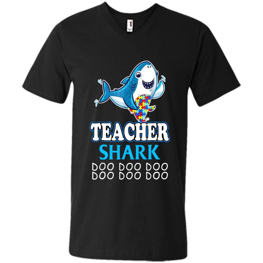 Autism Teacher Shark Funny Proud Appreciation Day Gift – Canvas Unisex V-Neck Shirt