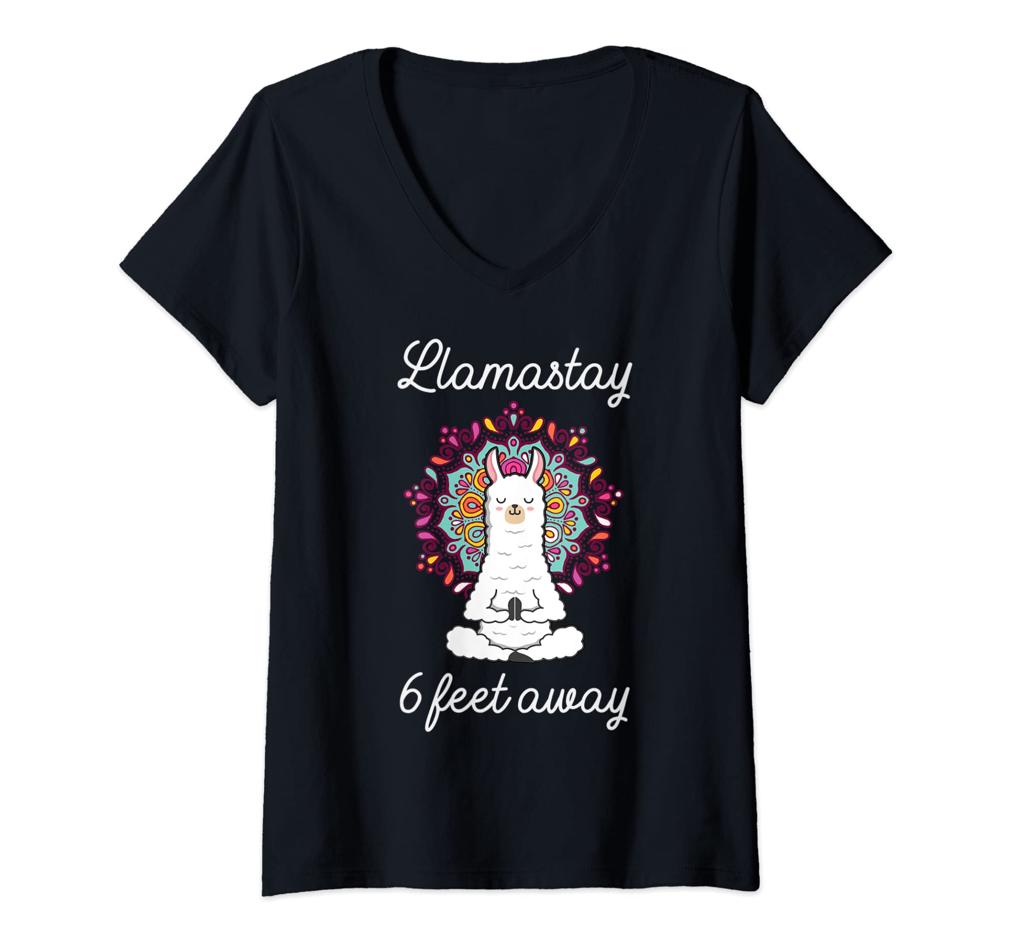 Womens Llamastay 6 Feet Away Funny Llama Stay Social Distancing V-Neck T-Shirt