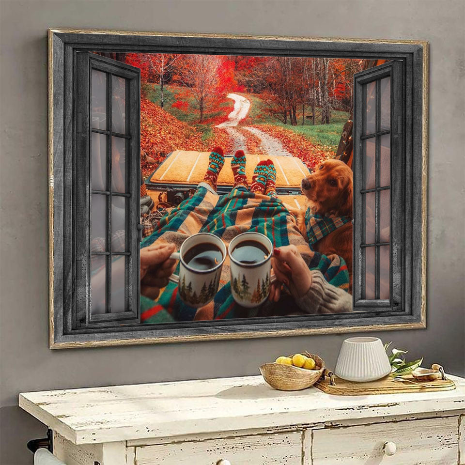 Camping 3D Wall Arts Painting Prints Home Decor Girl Coffee Golden Retriever Maple Forest Ha0535-Tnt