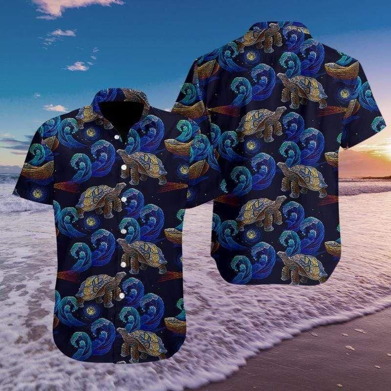 Turtle In The Night Ocean Embroidery Art Fantastic Aloha Hawaiian Shirt Colorful Short Sleeve Summer Beach Casual Shirt For Men And Women