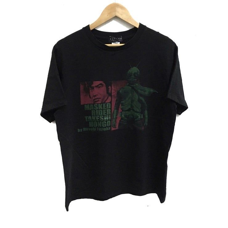 Rare Masked Rider Takeshi Hongo Superhero Series Films Par Hiroshi Fujioka Big Logo Black Colour Crew Neck Shirt