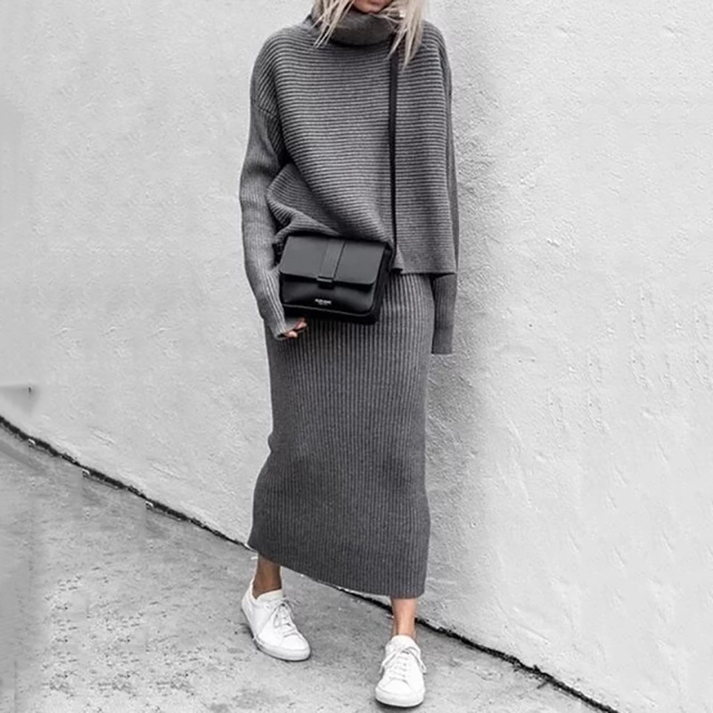 2021 Sweater Set Women Winter Knit Sweater + Skirt 2 Piece Set Office Lady Suit Turtleneck Knit Set New Sweater for Women alx