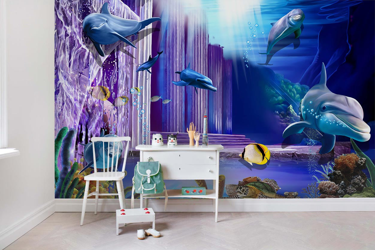 3D Purple Underwater World Dolphin Wall Mural Wallpaper Lqh 11