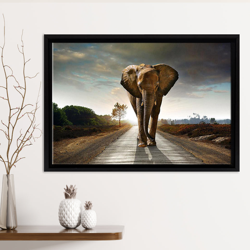 Elephant Walking On Road Framed Canvas Print – Canvas Painting, Canvas Art, Wall Art, Wall Decor