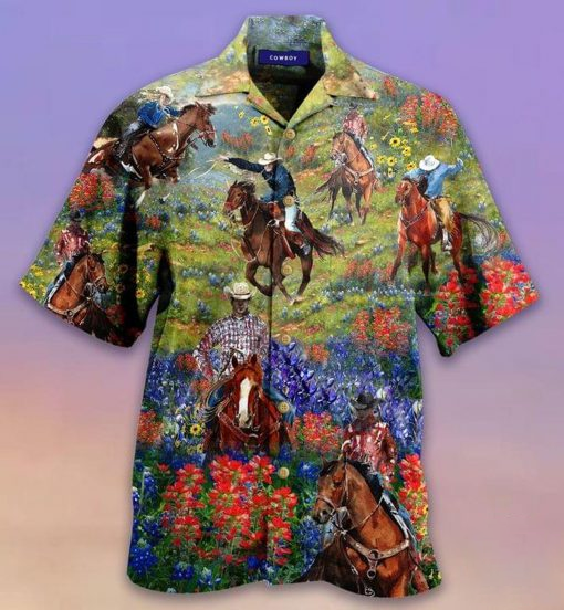 Bluebonnet And Texas Cowboy Hawaii Cotton Shirt Unisex Full Size Adult Colorful Ha38100