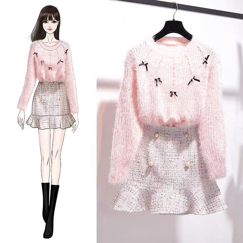 Women 2022 Autumn Winter Fashion Two-piece Sets Female O-neck Bow Sweater Tops Ladies Woolen Mermaid Mini Skirts Suits Q375 alx