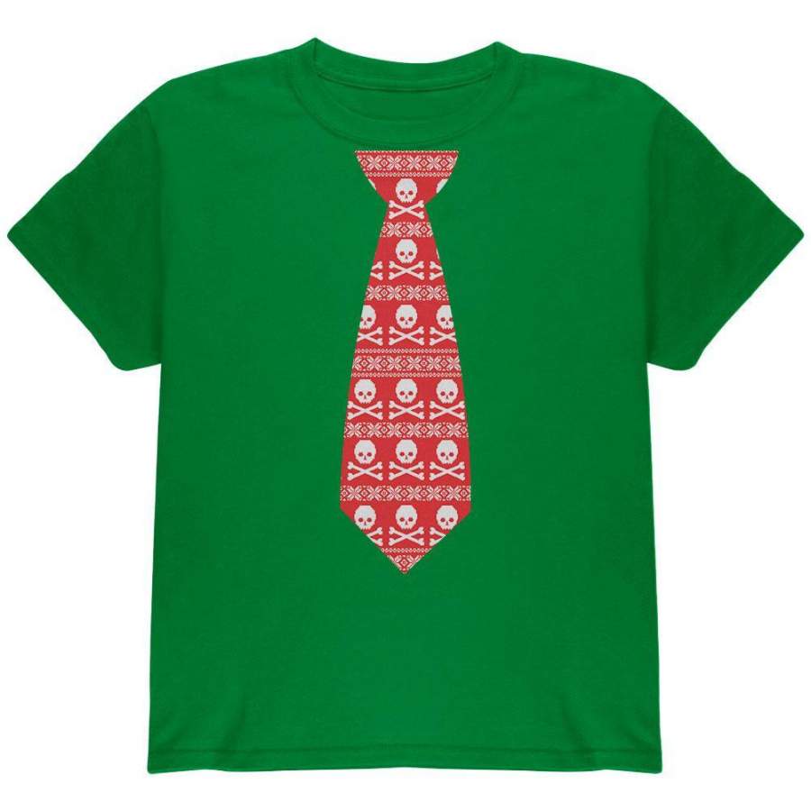 Skull And Crossbones Red Tie Ugly Christmas Sweater Green Youth T-Shirt