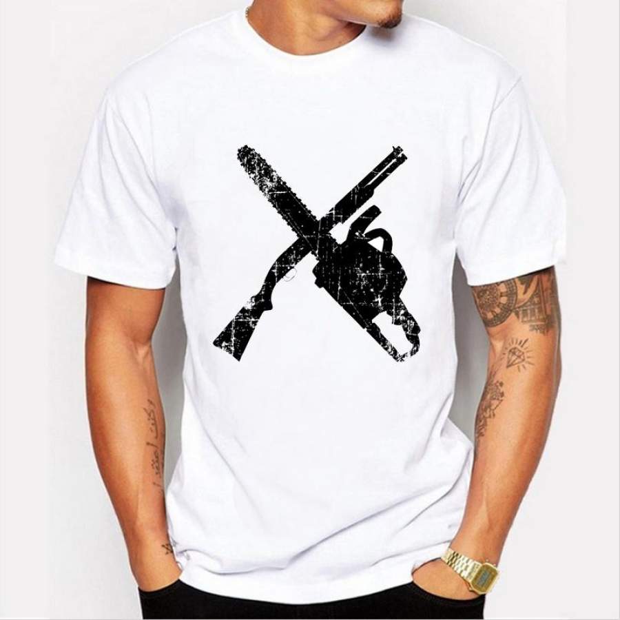 High-Quality Summer Fashion New Personalized Saw Pistol Pattern Printed Short-Sleeved Round Neck White Men’S T-Shirt Top