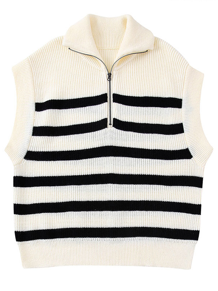 Vest Knit Sweater Women Striped Sweater Sleeveless Female Oversized Sweater Waitcoat Ladies Fashion Zipper Collar Vintage Vest alx