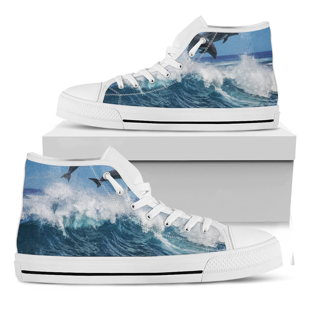 Dolphins Jumping Over Waves Print White High Top Shoes