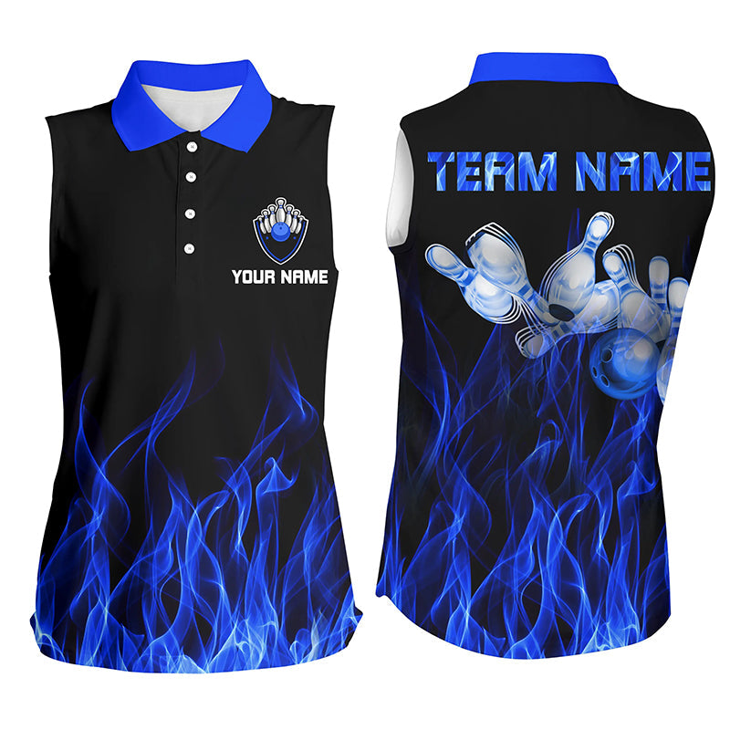 Personalized Women Sleeveless Polo Shirts, Blue Flame Bowling Ball And Pins Bowling Jerseys For Bowler