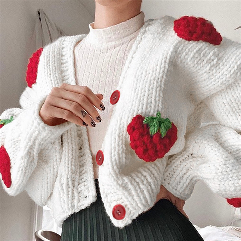 ArtSu Cute Sweater Women Knitwear Crochet Top Strawberry Cardigan Winter Warm Streetwear Knitted White Cropped Kawaii Sweaters alx