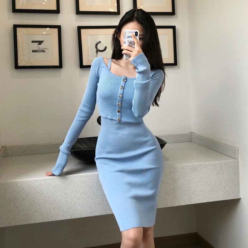 Autumn Solid Matching Sets Slim Purple Strap Wrap Hip Knitted Dress Mini Slim O Neck Long Sleeve Knitted Cardigan Thin Sweaters alx