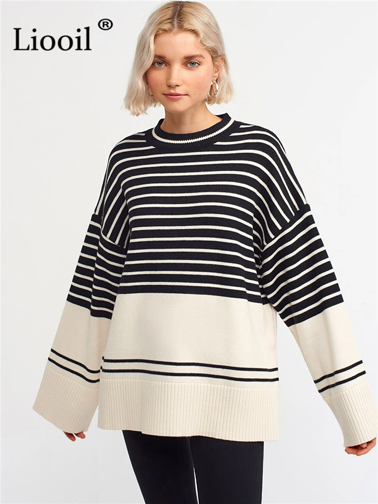 Black And White Stripe Sweater Streetwear Loose Tops Women Pullover Female Jumper Long Sleeve Turtleneck Knitted Ribbed Sweaters alx