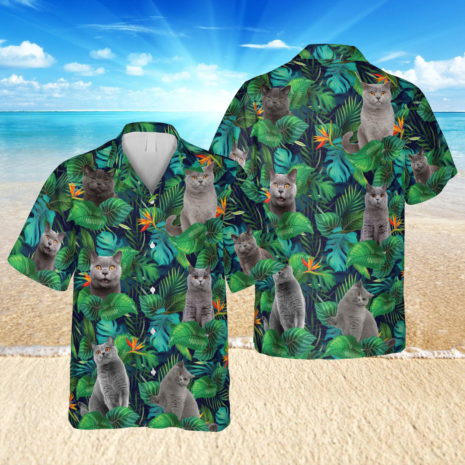 Gray Shorthair Cat Green Hawaiian Tactical Shirt Ha93411