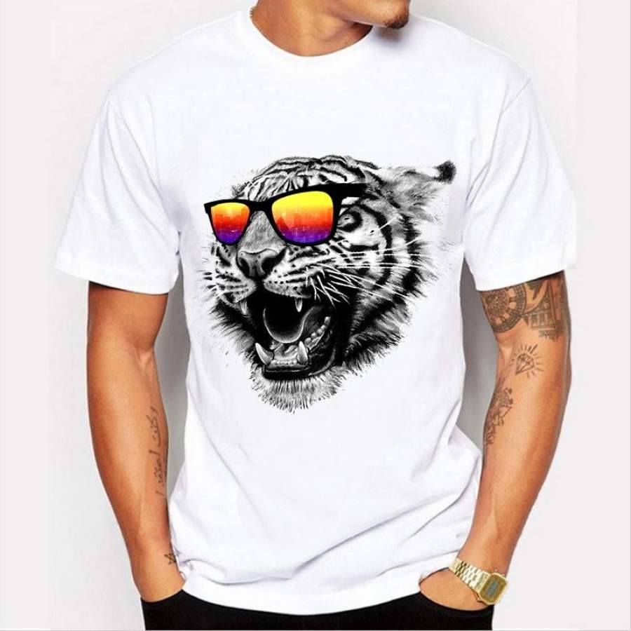 High Quality Summer Fashion New Punk Style Wearing Glasses Tiger Pattern Printed Short-Sleeved Round Neck Men’S T-Shirt