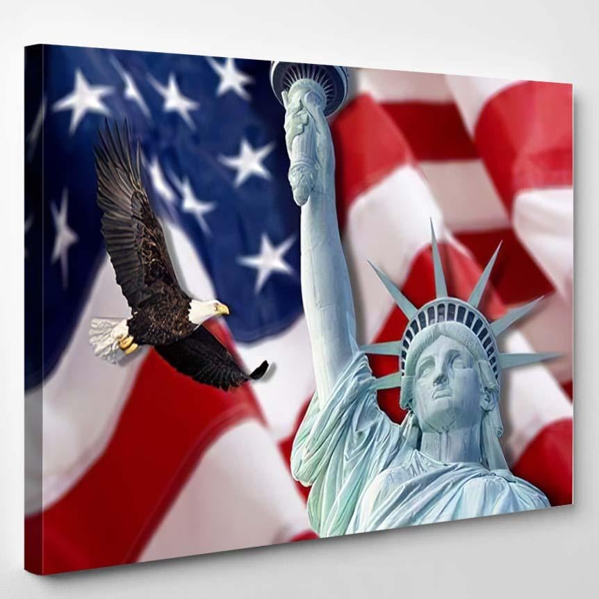 American Flag Flying Bald Eaglestatue Liberty 1 – Eagle Animals Canvas Print