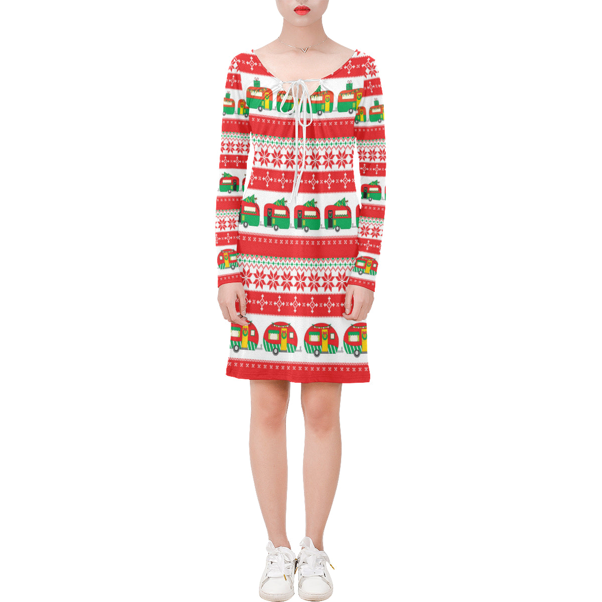 Camper Camping Ugly Christmas Design Print Long Sleeves Dress