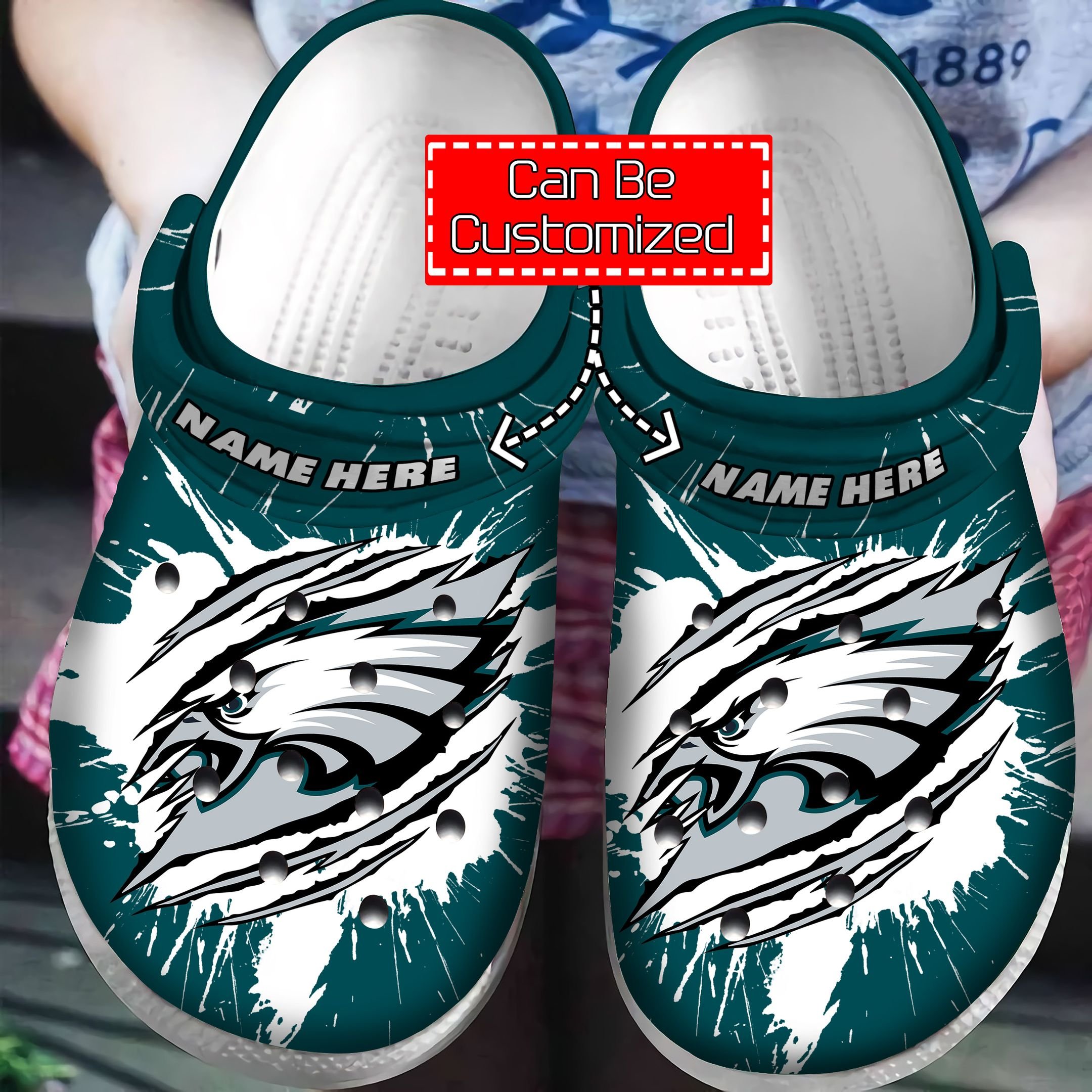 Personalized National Football Clogs – P.Eagles Football Ripped Through Clogband Clog